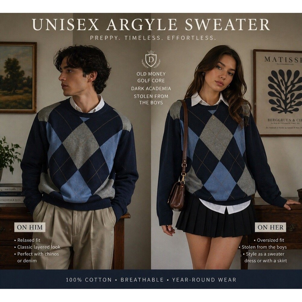 EUC Argyle Sweater Preppy Old Money Oversized Unisex Cotton Golf Core